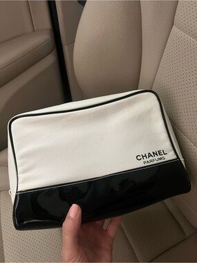 Vintage CHANEL White and Black Canvas Cosmetic Case Makeup  Bag